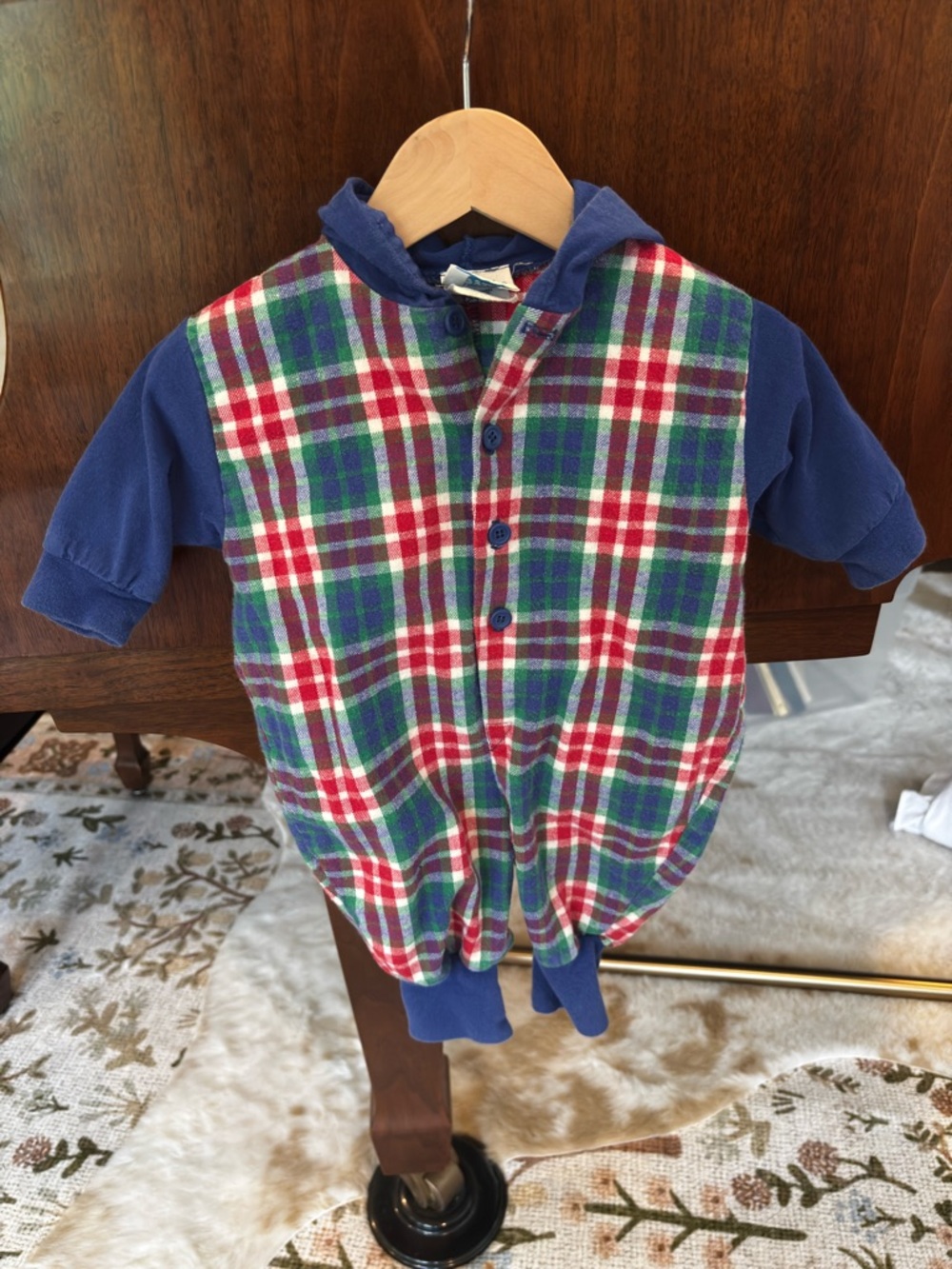 Vintage OshKosh B'gosh Blue Plaid Hooded Romper